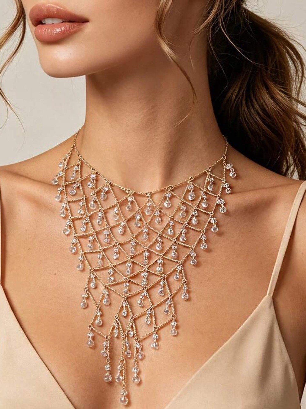 Crystal Lattice Bib Necklace Gold Statement Jewelry